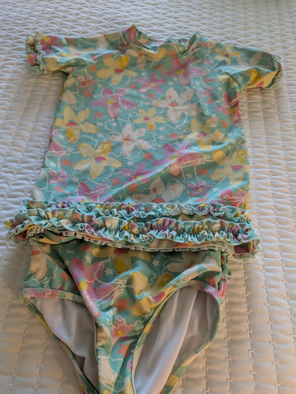 Ruffle Butts Aqua Multi Floral Ruffle Two-Piece Swimsuit And Rash guard
